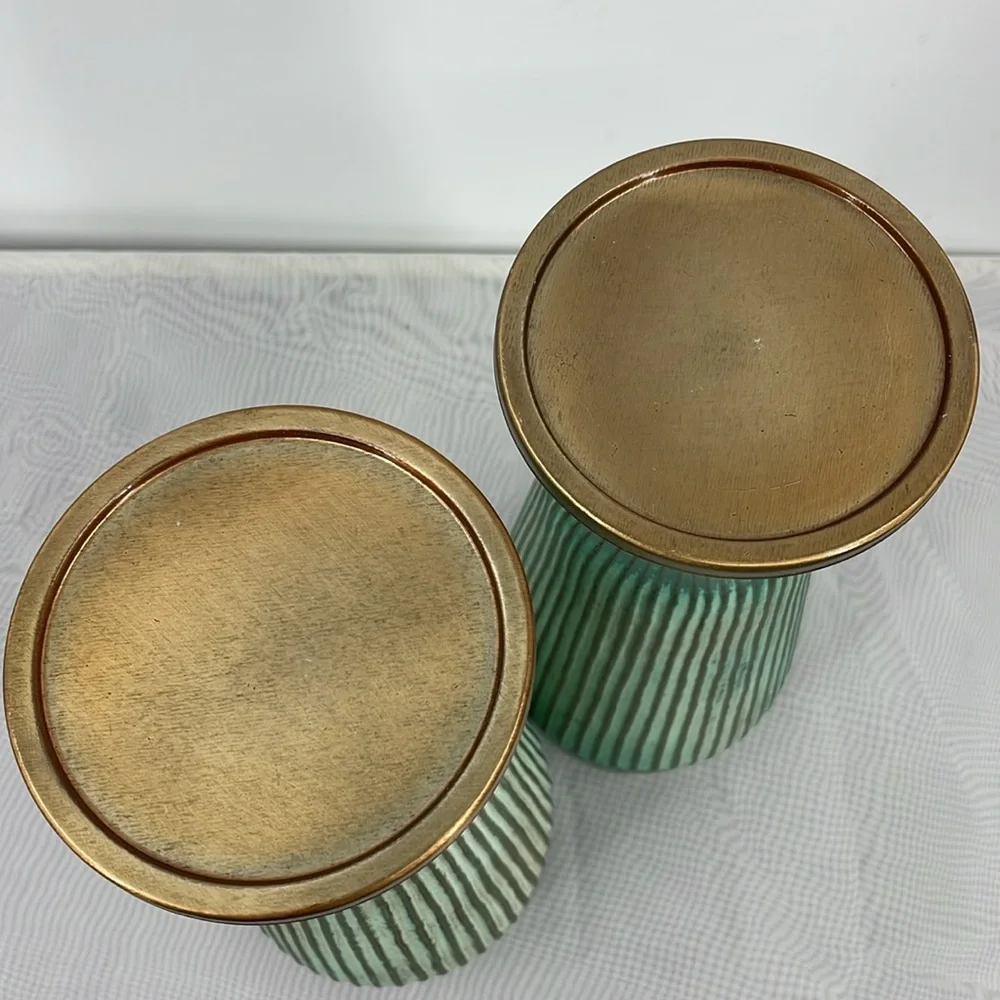 Pier 1 Imports Ribbed Green Glass Vases with Bronze Trim Set of 2